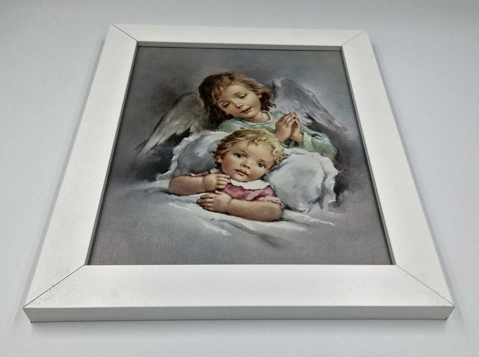 Obraz dziecko oraz Anioł Stróż, bała rama, obraz do zawieszenia