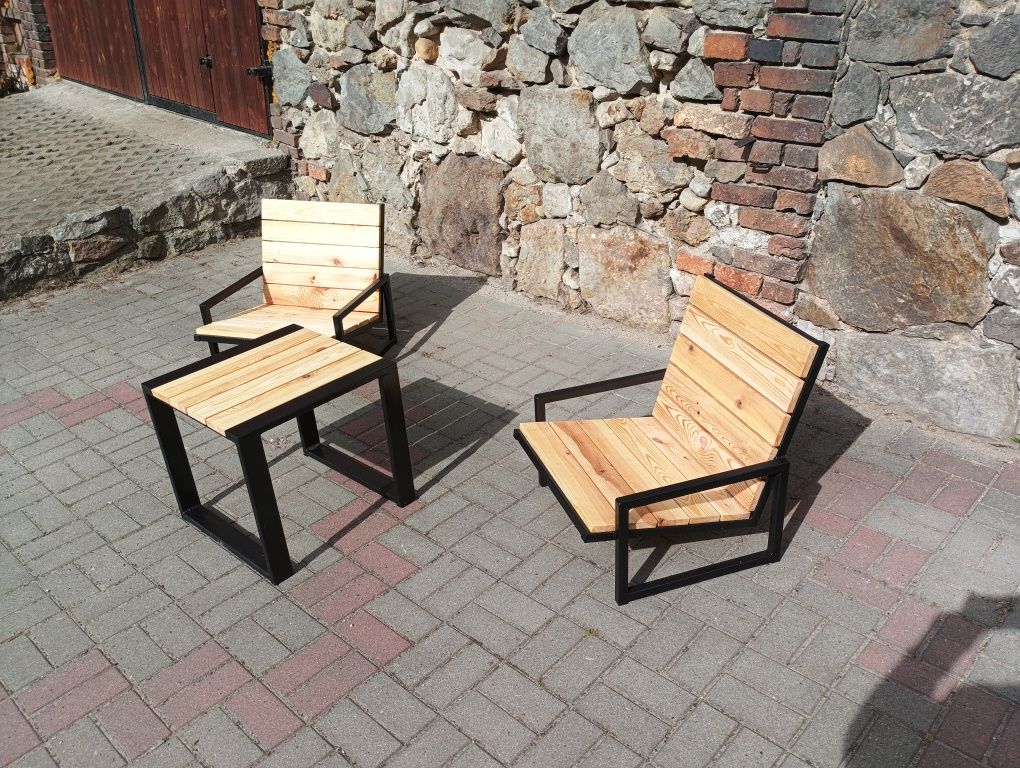 Stylowy zestaw ogrodowy LOFT – 2 fotele + stolik – drewno i stal, ręcz