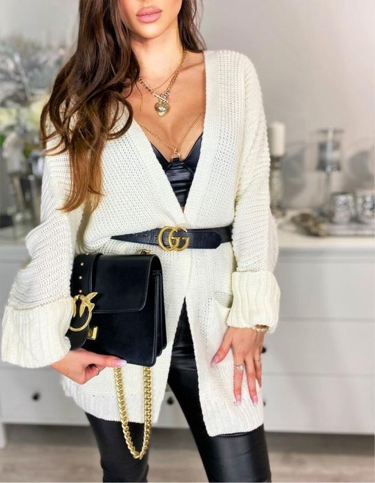 kardigan damski ecri narzutka z kieszonkami poeme