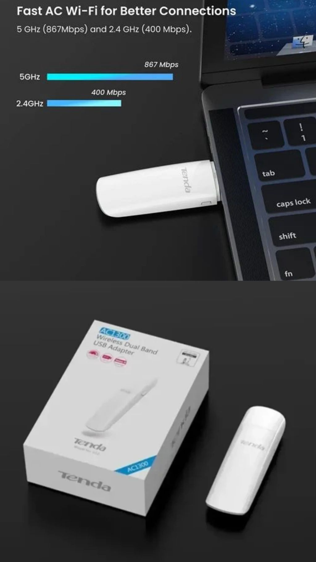 ШВИДКІСНИЙ  dual  WI FI Адаптер Tenda U12, AC1300 USB 3.0 (U12) _ШАРА