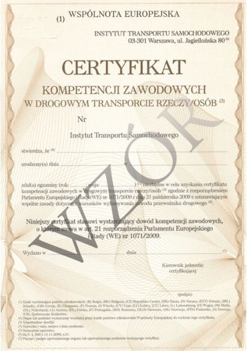 Użyczenie  Certyfikat Kompetencji Zawodowych - transport, rzeczy