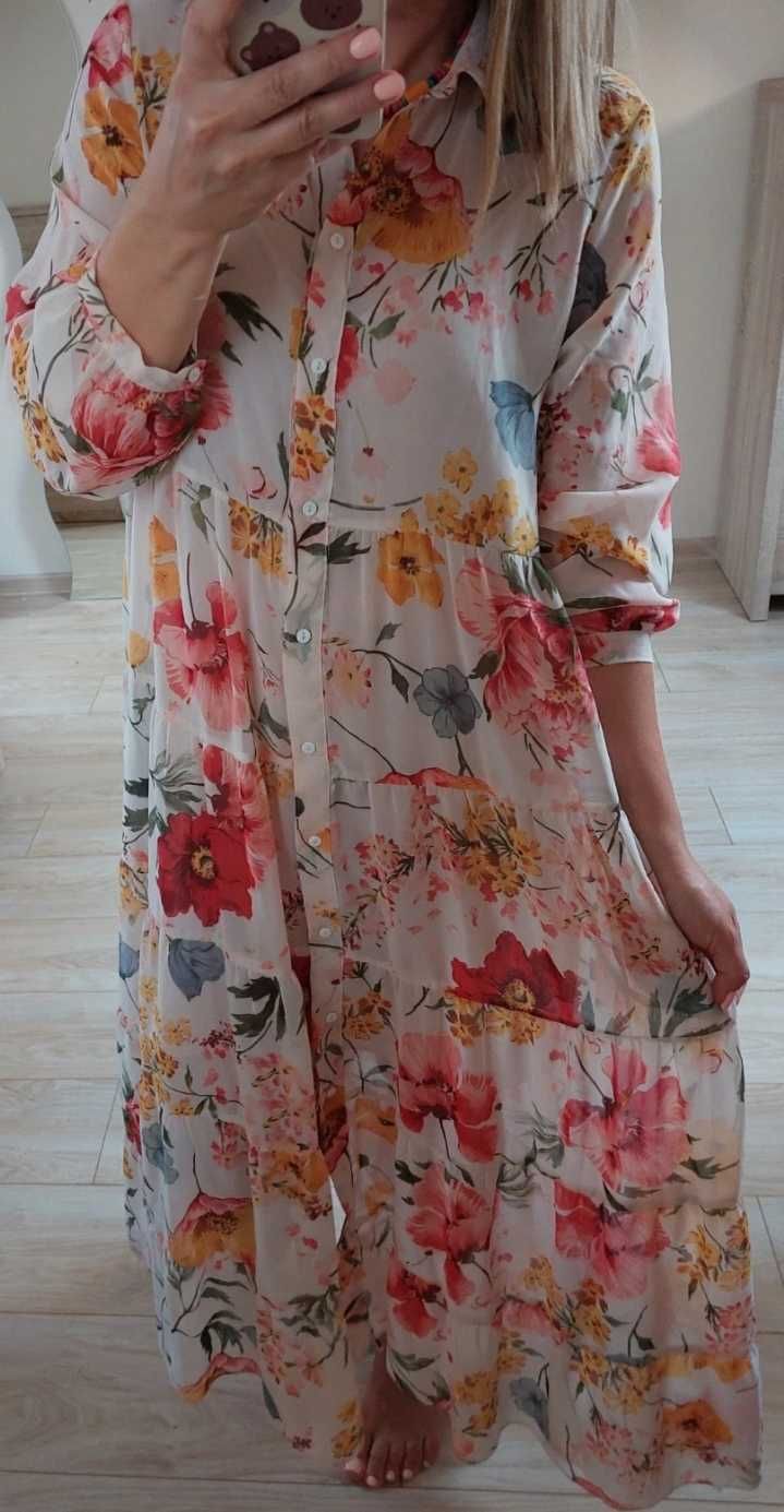 Zara dluga szyfonowa sukienka w kwiaty w stylu bohoo 36