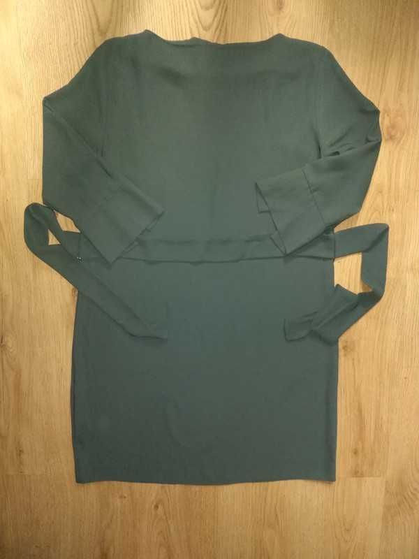 Sukienka khaki h&M 42 XL rękaw 3/4 mankiety pasek prosta koszulowa