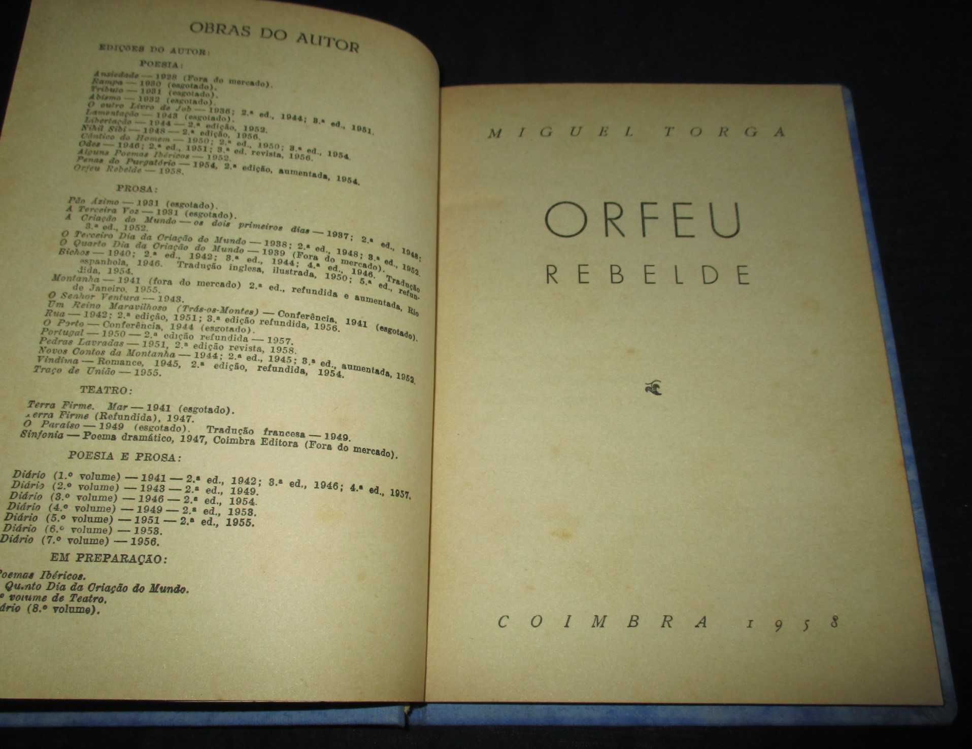 Livro Orfeu Rebelde Miguel Torga 1ª edição 1958