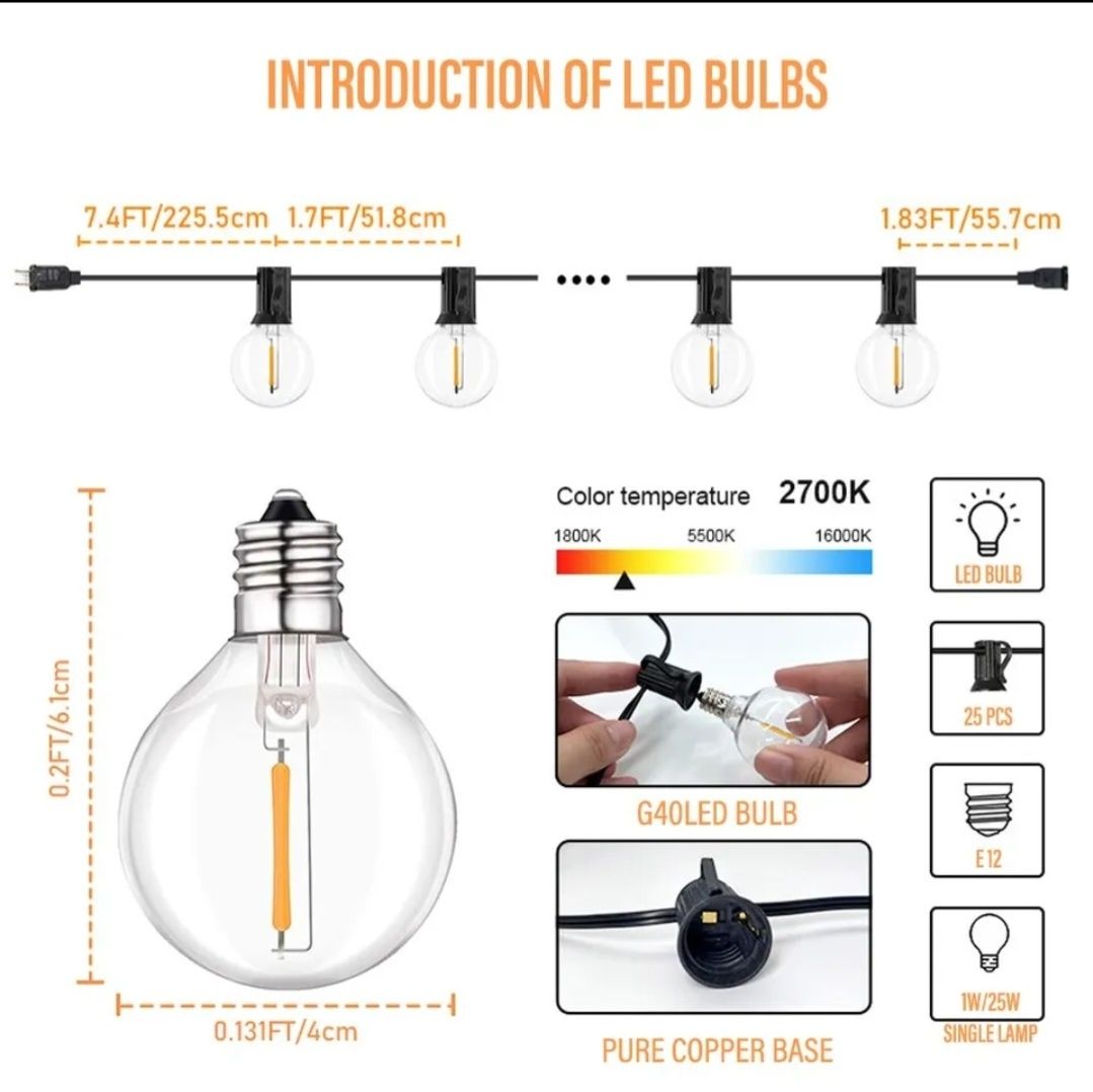 Вулична ретро гірлянда 15м 25 патронів лед лампочки в комплекті