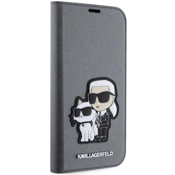 Etui Karl Lagerfeld na iPhone 14 - Srebrne Saffiano z Klapką