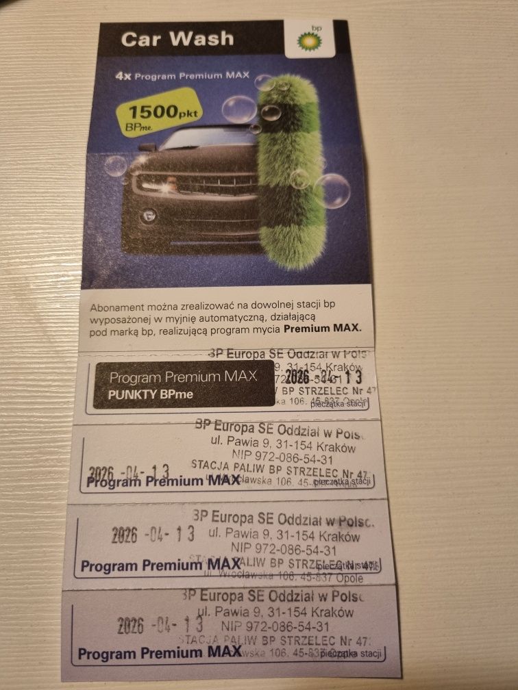 Karnet BP Premium max 4 mycia ważny do 13.04.2026