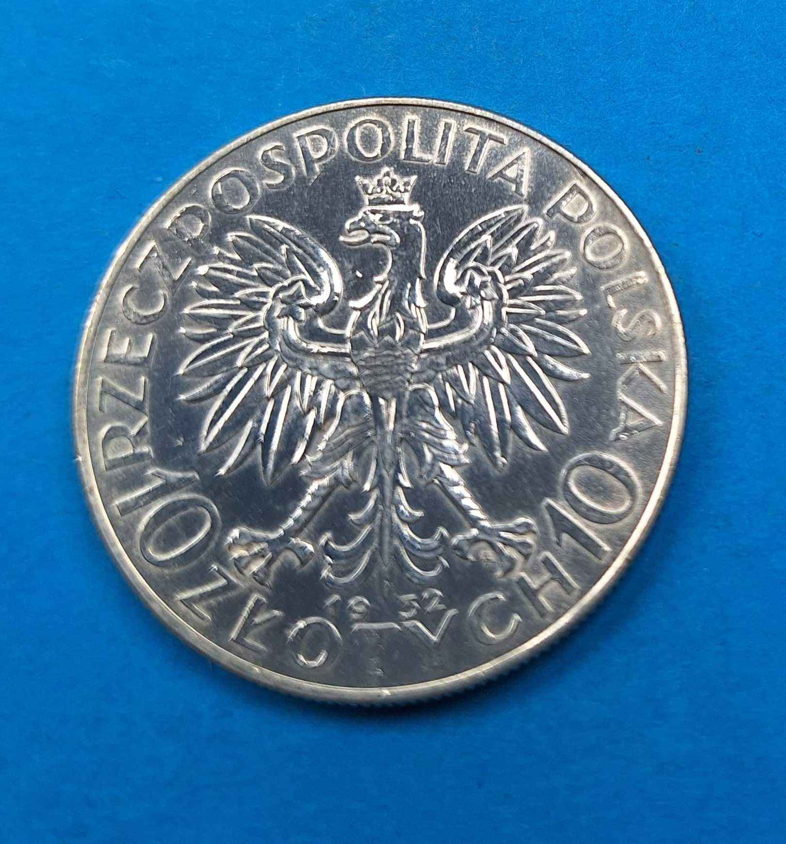 Polska 10zł 1932 zzm Polonia, piękny stan - połysk menniczy, Ag 0,750