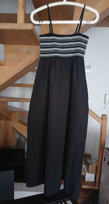 Długa czarna sukienka z białym wzorem - 100% bawełna