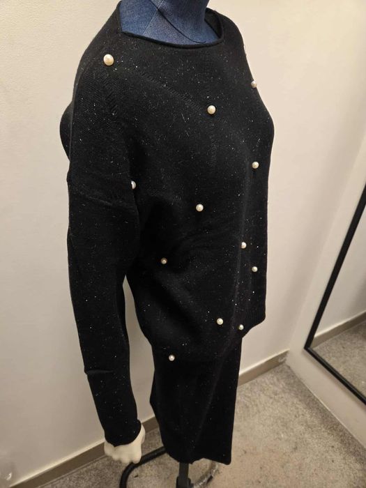 Damski Komplet Swetrowy Sukienka + Sweter Czarny   L XL