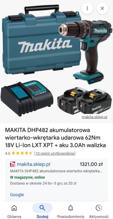 MAKITA DHP482 akumulatorowa wiertarko-wkrętarka udarowa 62Nm + aku 3AH
