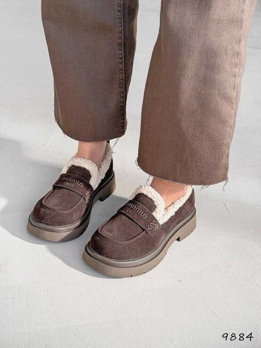 Утеплені лофери коричневі, натур. замша, зимние лоферы зима 36-41р