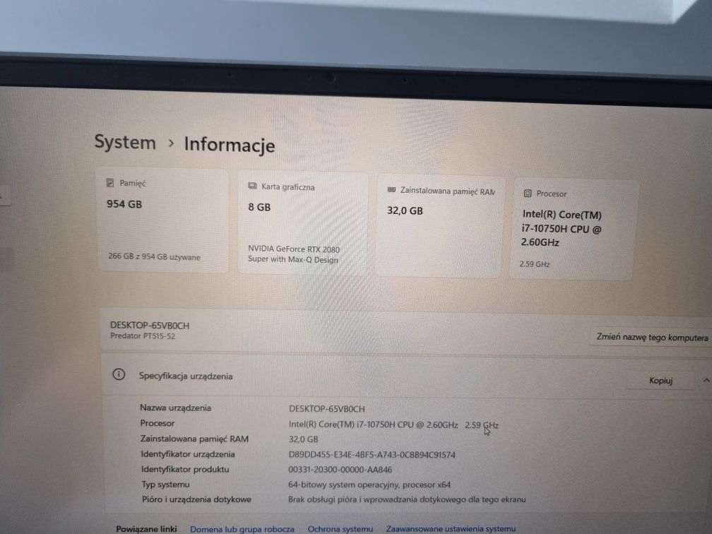 Acer Predator Triton 500 RTX 2080 SUPER  i7 32 GB 1 TB SSD WIN 11 PRO