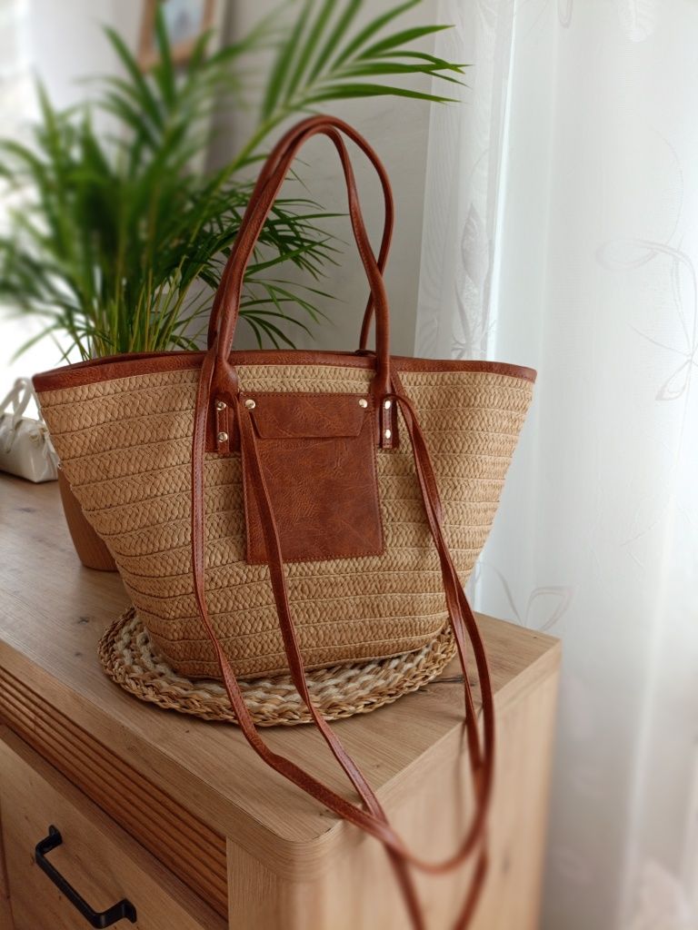 Torebka shopperka pleciona na wiosnę lato na plażę brązowa Boho