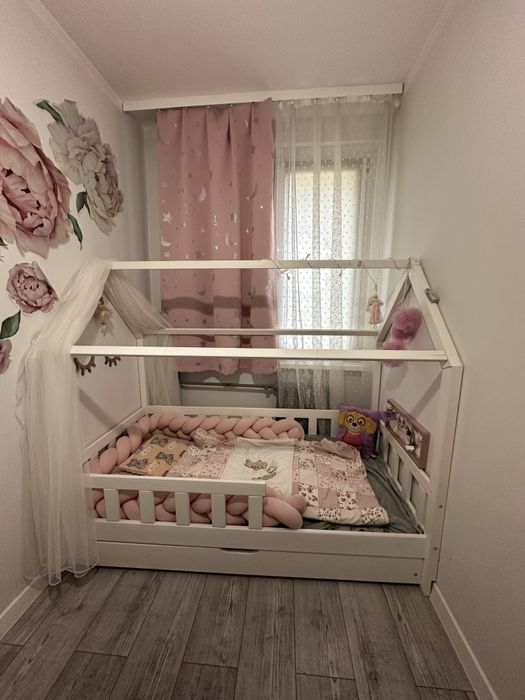 Łóżeczko dziecięce domek szuflada materac biale 160x80