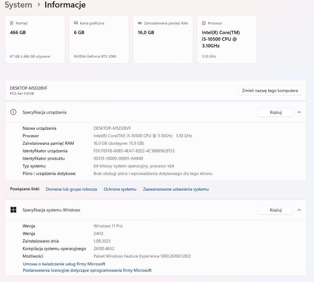 Tani PC do gier i5-10500 RTX 2060 6GB RAM 16GB DDR4 M.2 500GB W11P