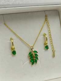 Komplet biżuterii srebrnej 925 pozłacany z zielonymi cyrkoniami