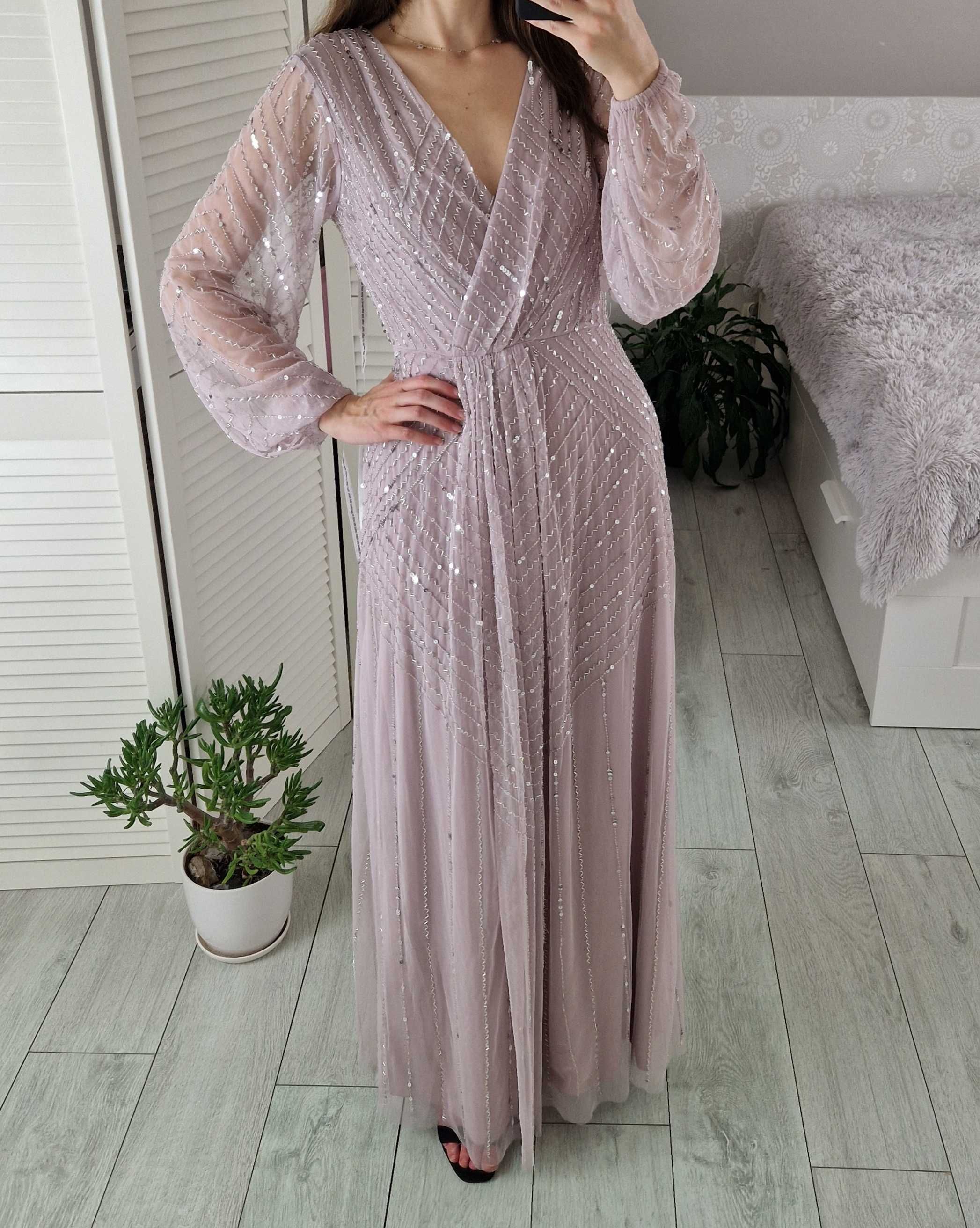Frock&frill sukienka pudrowa maxi zdobiona tiulowa z długim rękawem S