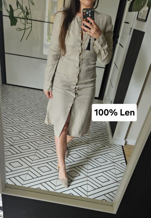 Lniana sukienka  damska midi Marc O'Polo – klasyka w naturalnym sty