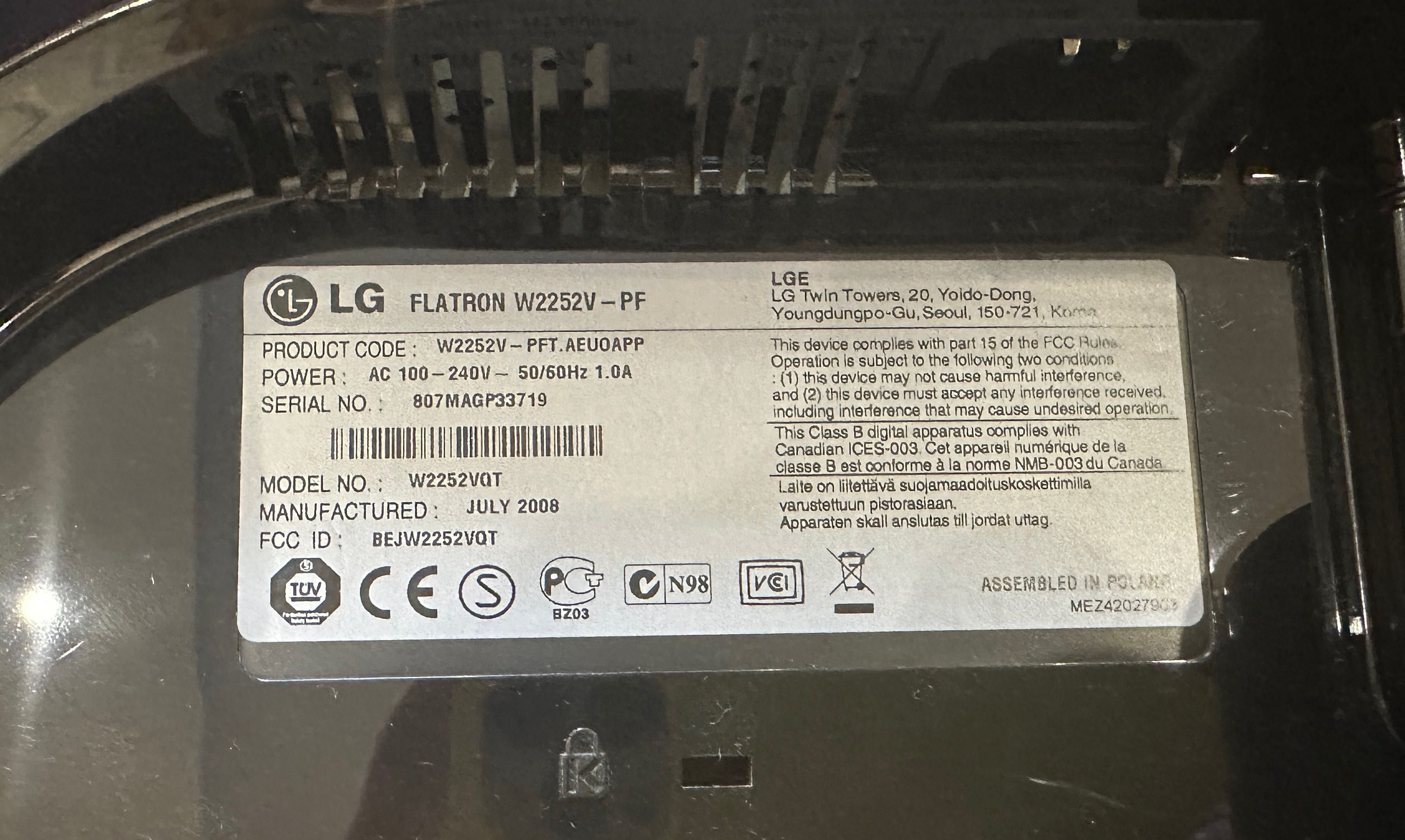 Monitor LG Flatron W2252V - 22"
