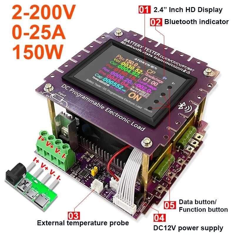 Электронная нагрузка Atorch DL24MP-150W-FX, 25А + battery box,блютуз