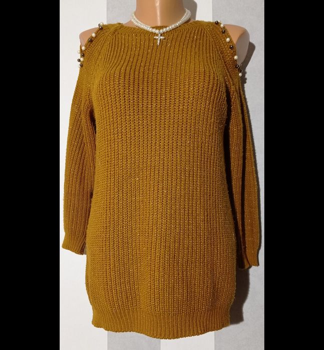 Bluzka na długi rękaw odkryte ramiona sweterek dłuższy błyszczący Moda