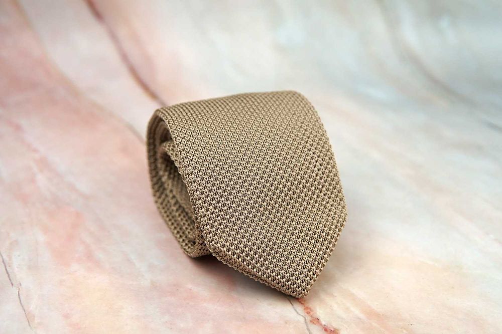 NOWY krawat knit dziergany beżowy złoty kremowy ślubny męski boho