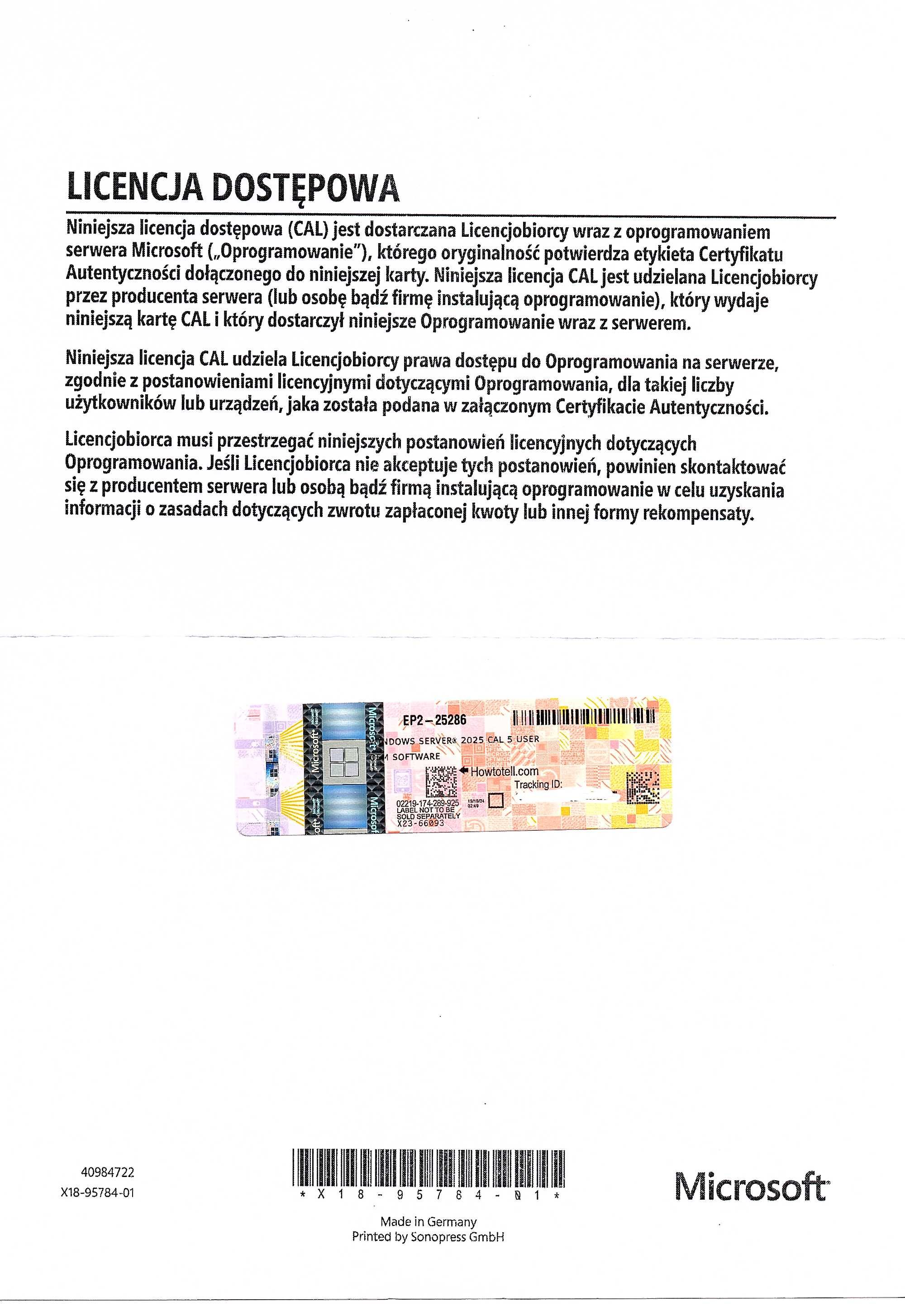 MS OEM Windows Server CAL 2025 1pk DSP OEI 5 Clt User CAL (PL)