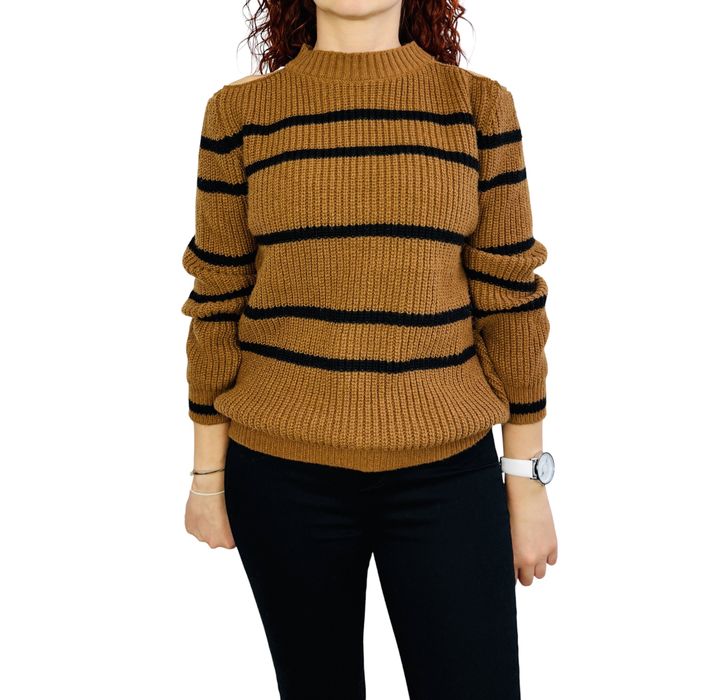 Karmelowy sweter w pasy z wycięciem S 36 Shein