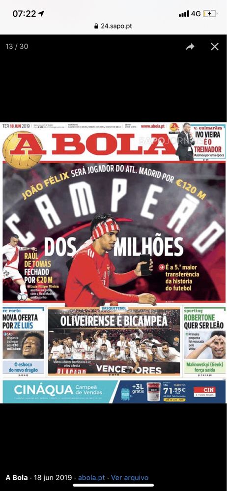 Jornal a Bola e Record - venda milionária de João Félix