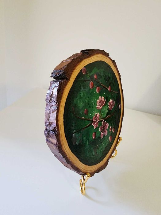 Pintura sobre Fatia de Madeira Rústica - "Ramo de Cerejeira" (19 cm)