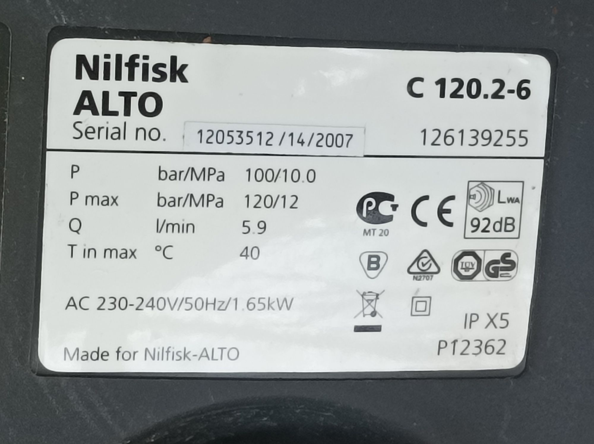 Myjka Nilfisk Alto/WAP/Kew C 120.2-6,120bar,1.65kW.
