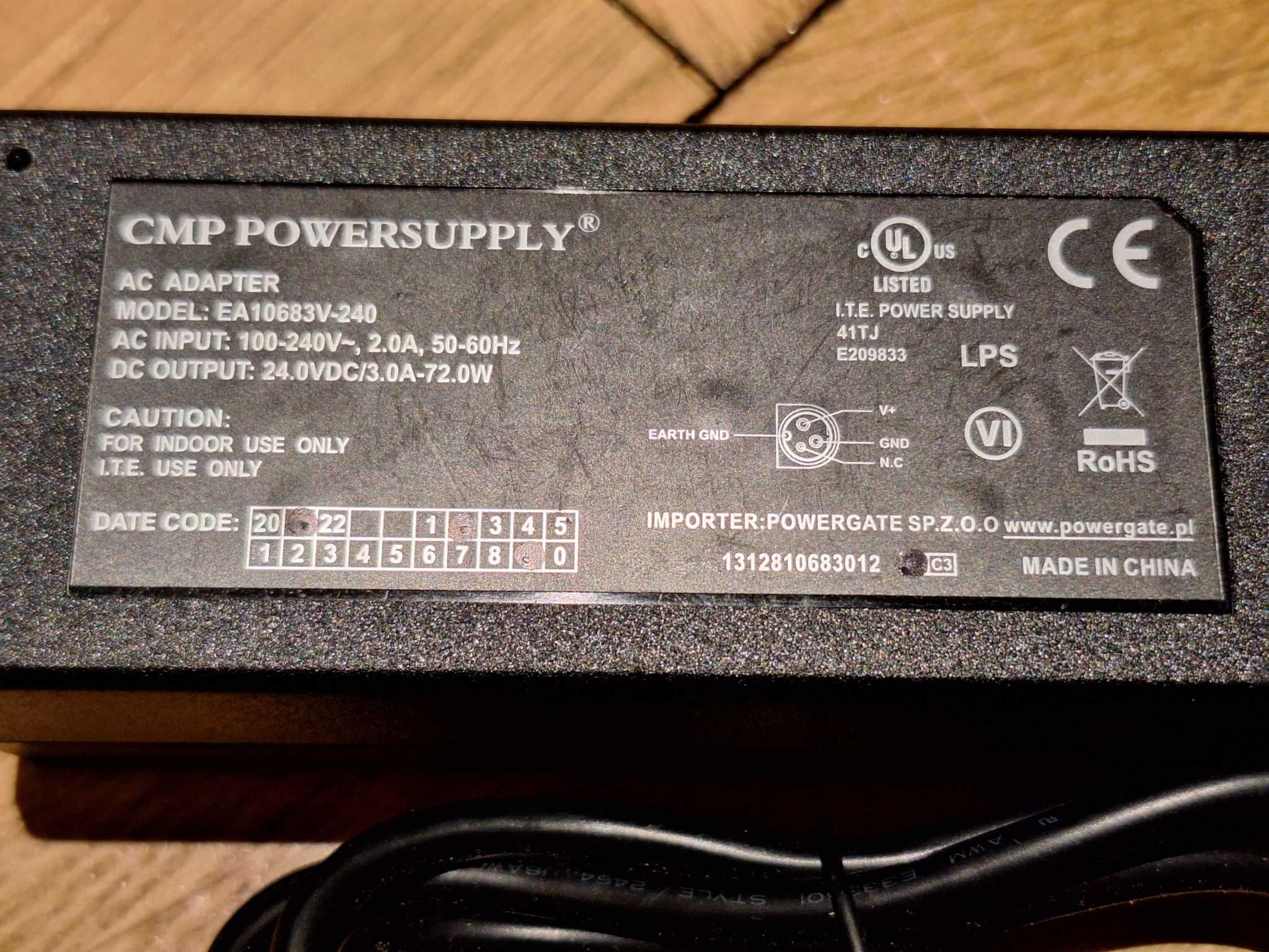 Zasilacz 24 V 3.0A 72W - CMP EA10683V-240 wtyk 3 pin