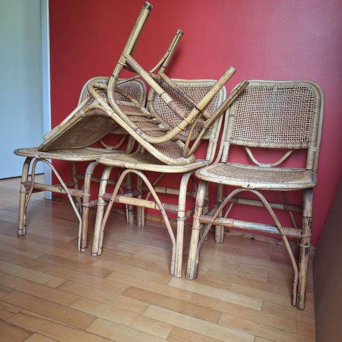 Komplet krzeseł 4 sztuki rattan bambus prl lata 70