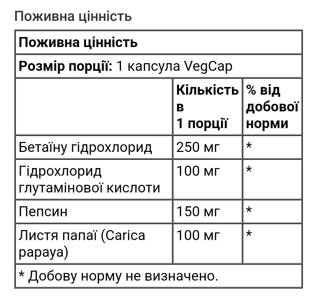 Solaray бетаїн бетаин betaine hcl гідрохлорид з цинк пепсин 250 мг