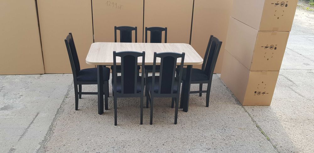 Nowe: STÓŁ 80x140/180 + 6 KRZESEŁ, czarny/blat sonoma + czarny