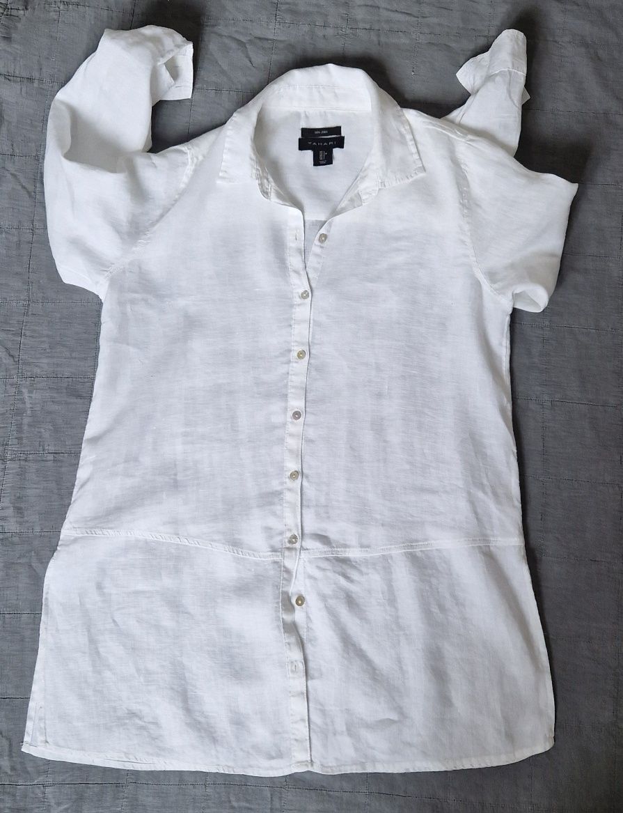 Biała koszula lniana len S/36 linen Tahari minimalizm kapsułka