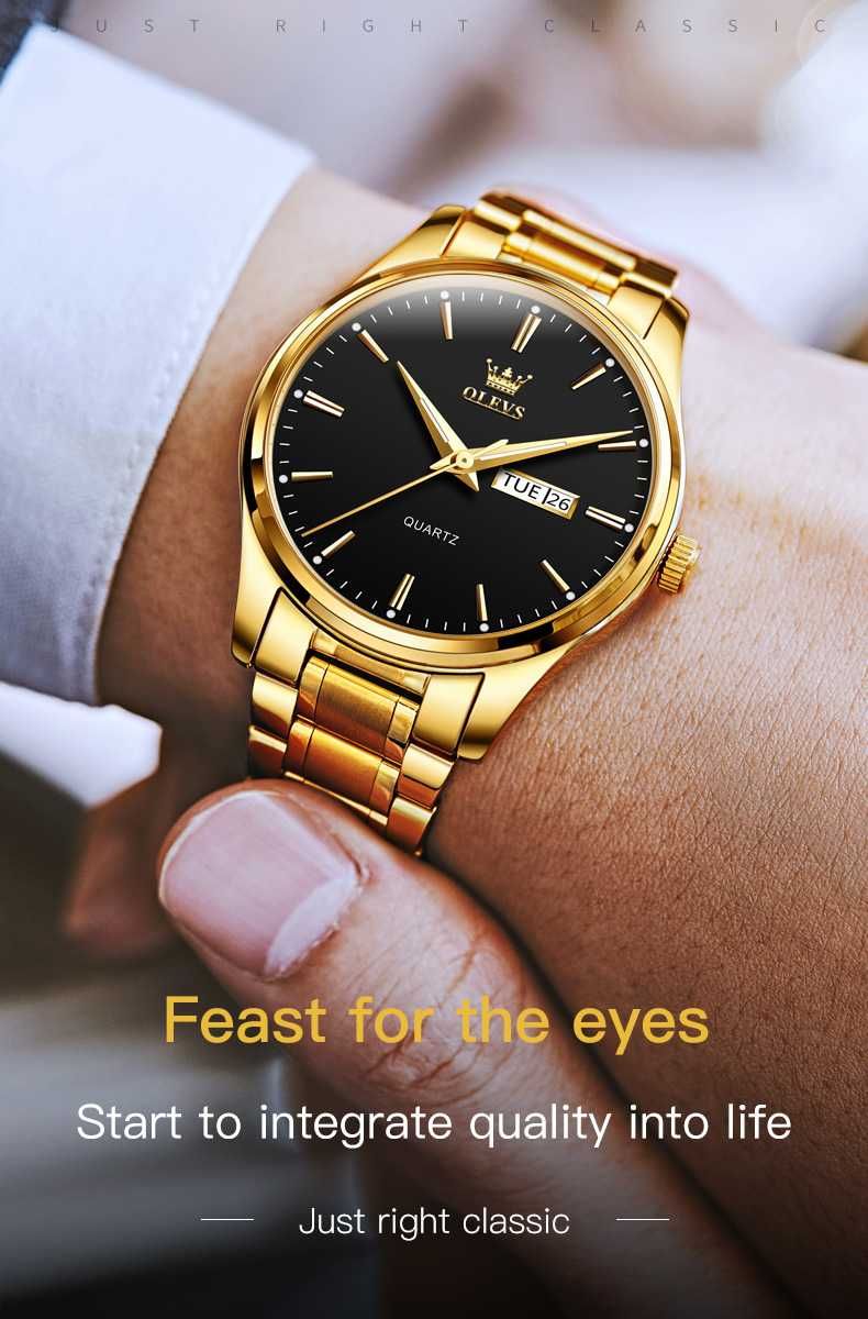 Klasyczny zegarek męski złoty Olevs bransoleta pudełko bateria nowy
