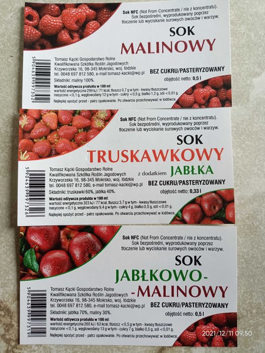 100 % soki naturalne bez cukru malinowy jabłkowo-malinowy truskawkowy