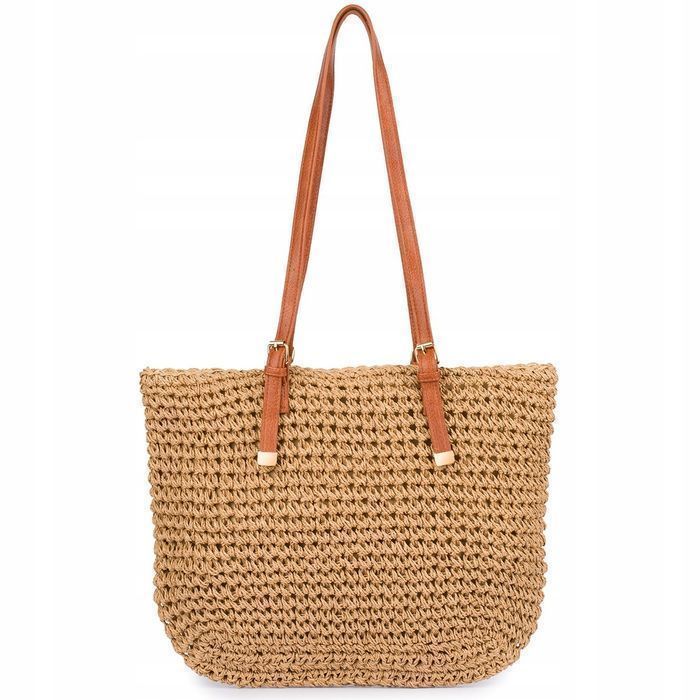 Brązowa Torba plażowa duża na lato rączki suwak solidna plecionka