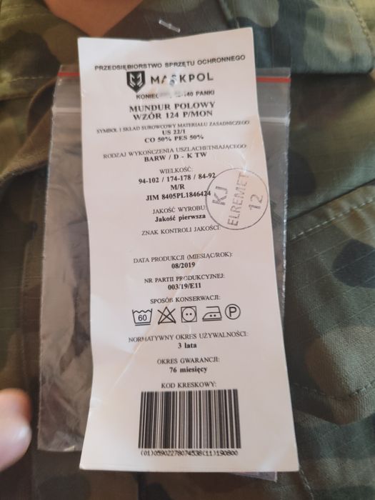 Mundur wojskowy zimowy 124 MON NOWY Z METKĄ M/R