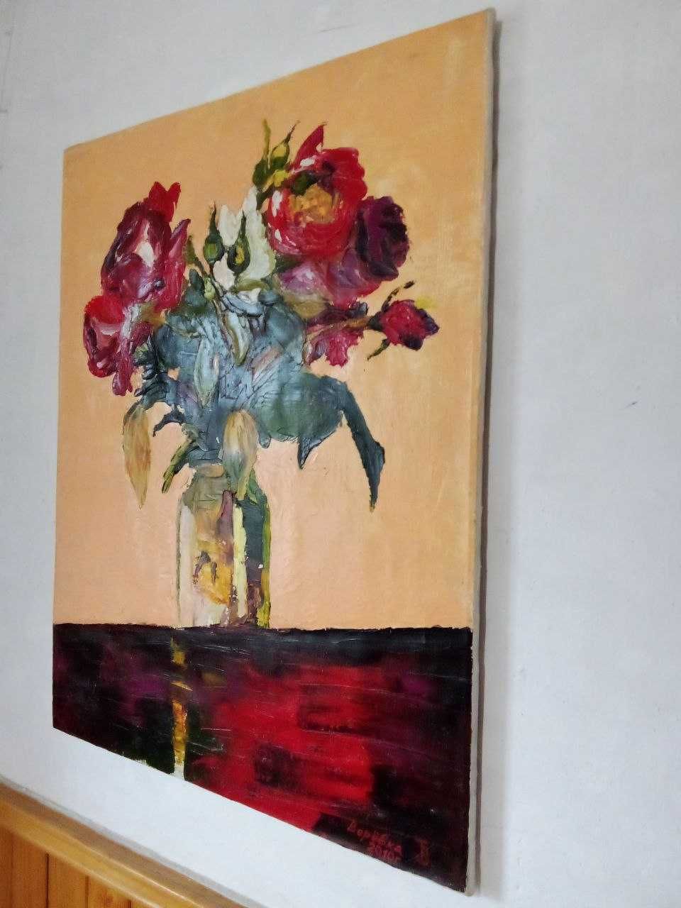 Картина "Цветы розы", масло, холст 65,0#50,5 см.
