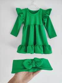Sukienka falbanki zielona rękawy motylek opaska pin up zestaw handmade