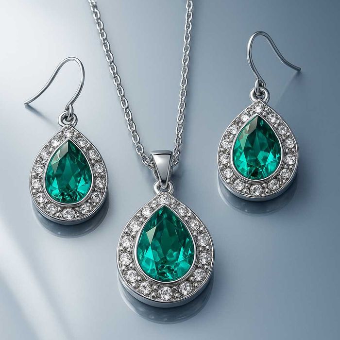 Роскошный набор бижутерии - Колье и серьги  с изумрудными камнями