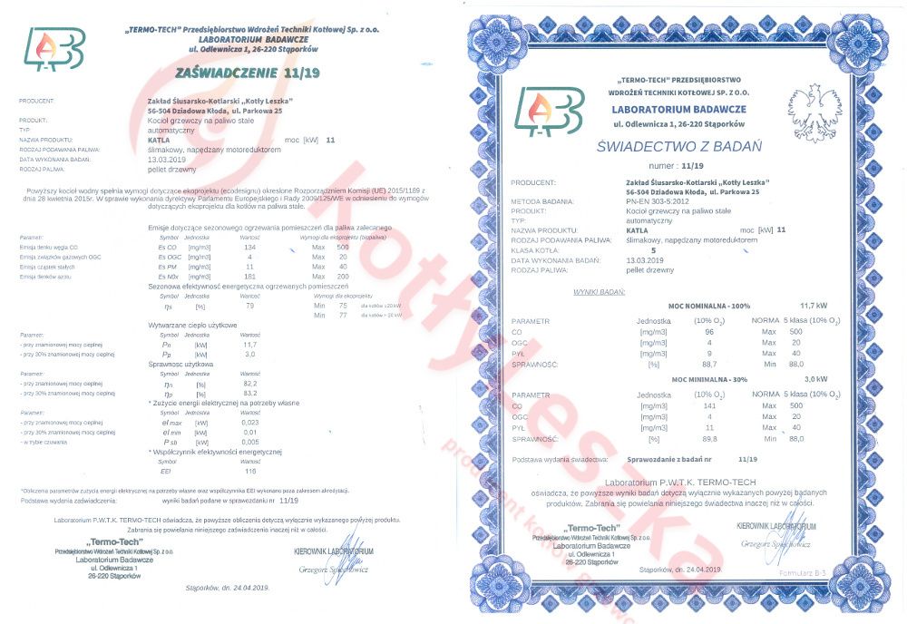 Kocioł piec c.o. 5 klasa KATLA 11 kW pellet ekoprojekt kotlyleszka