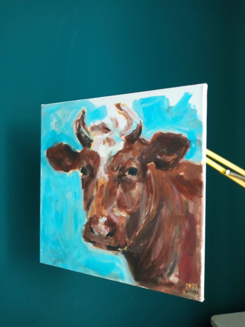 Obraz krowa rękodzieło handmade podobrazie malarskie akryl na płótnie