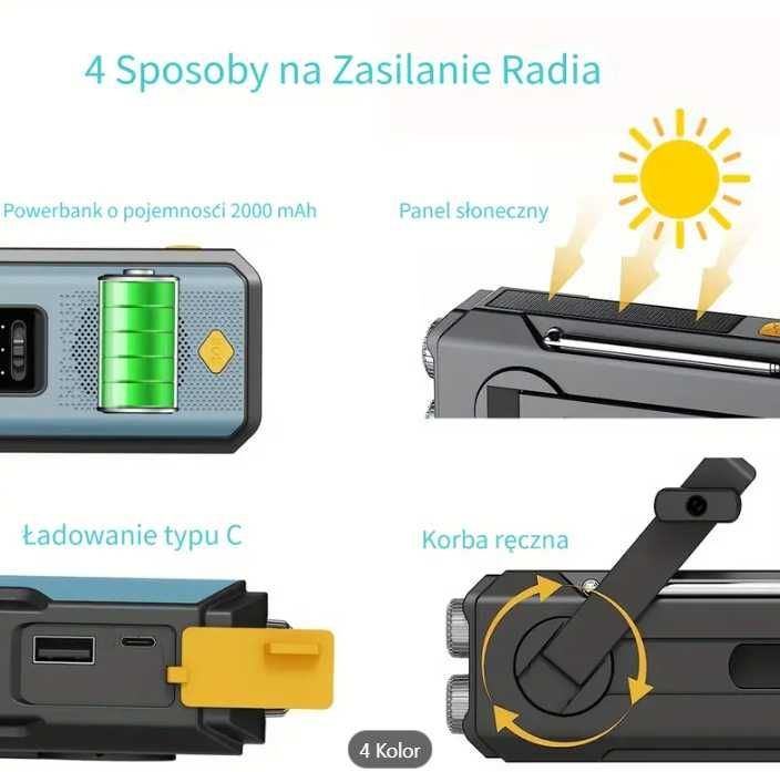 Radio Przenośne Powerbank 2000mAh Latarka Ładowanie Solarne, Korbowe