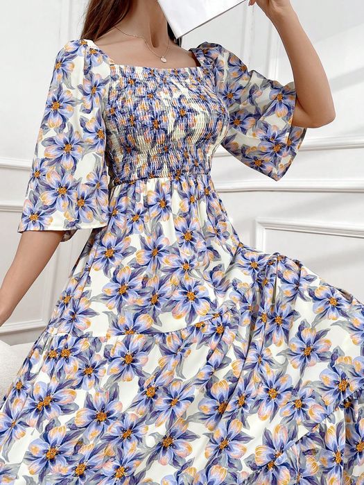 Sukienka Maxi Boho W Kwiaty Rozkloszowana Elastyczny Dekolt Shein L 40
