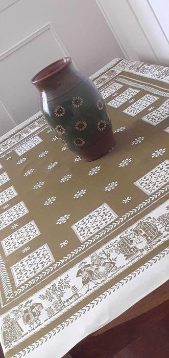 Obrus gruby lniany wzory etno folk biały i ciemna zieleń