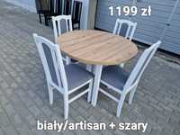 Nowe : Stół okrągły rozkładany + 4 krzesła, biały/artisan + szary
